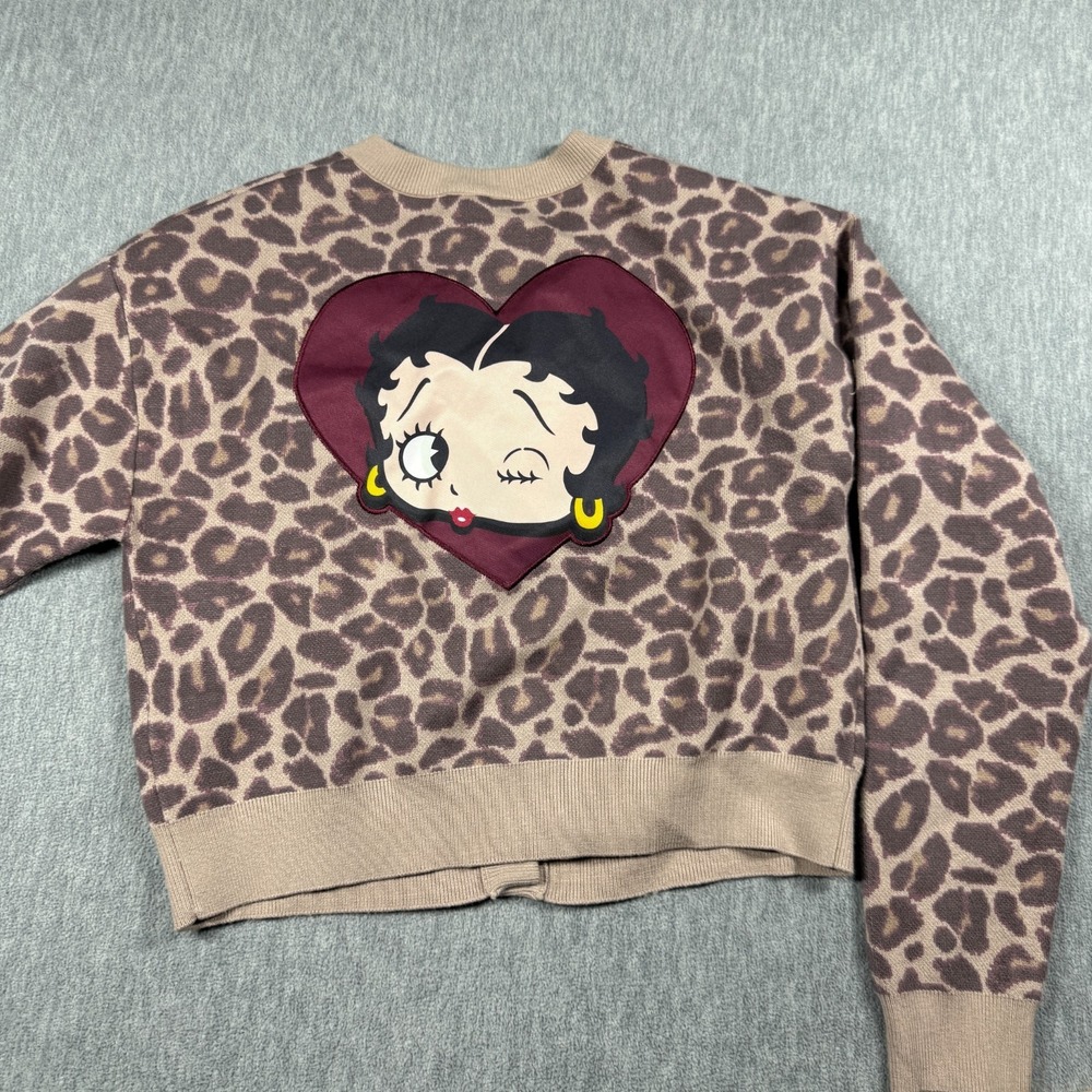 Fleischer Studios Sweater Womens M Brown Leopard Print Betty Boop Heart Cardigan